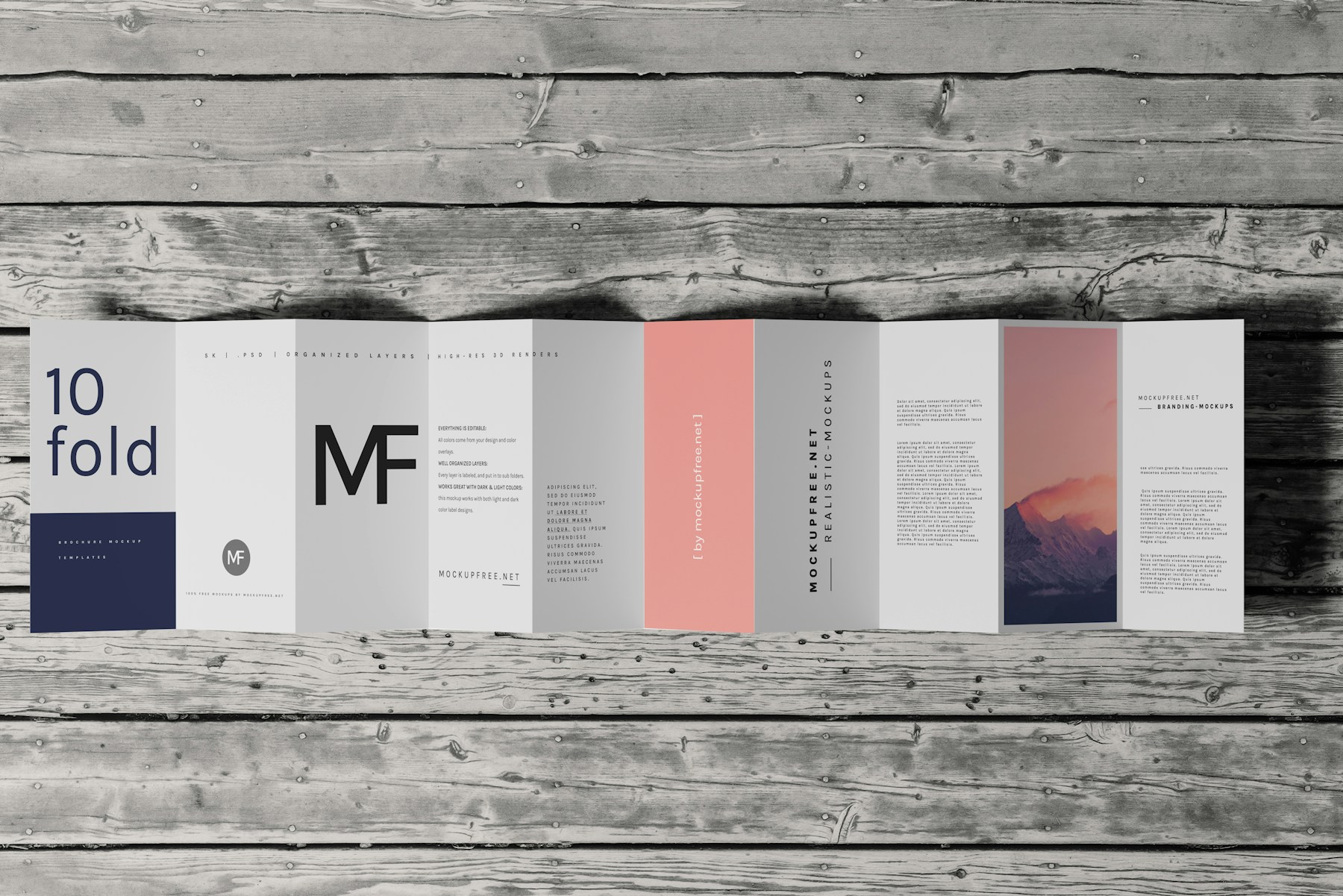 Folded brochure and flyer mockup on a wooden surface